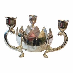 Vintage Paul Revere Silversmiths Silver Plate Triple Lotus Candle Taper Footed